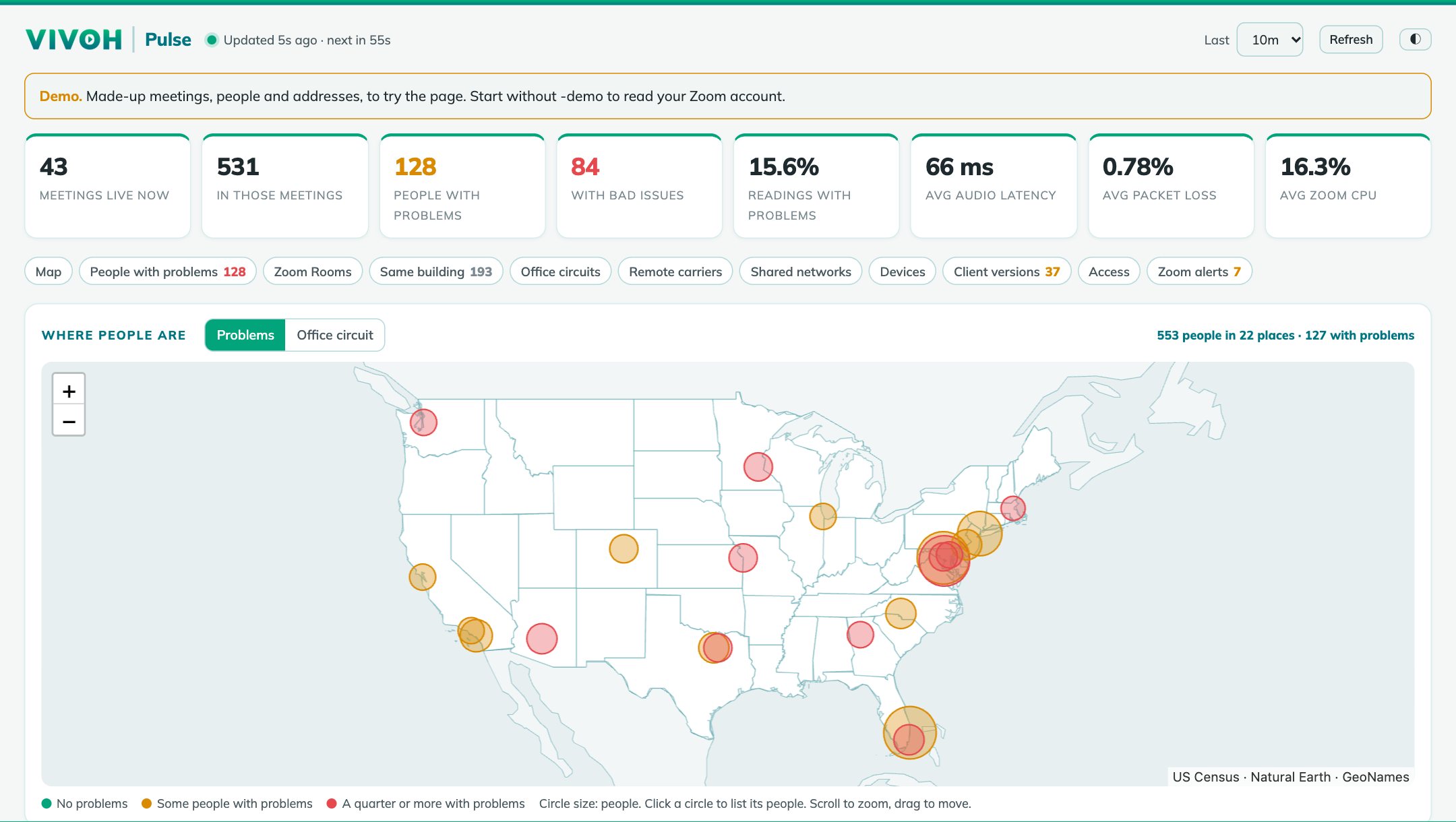The live page: meetings live now, people with problems, and a map of where everyone is